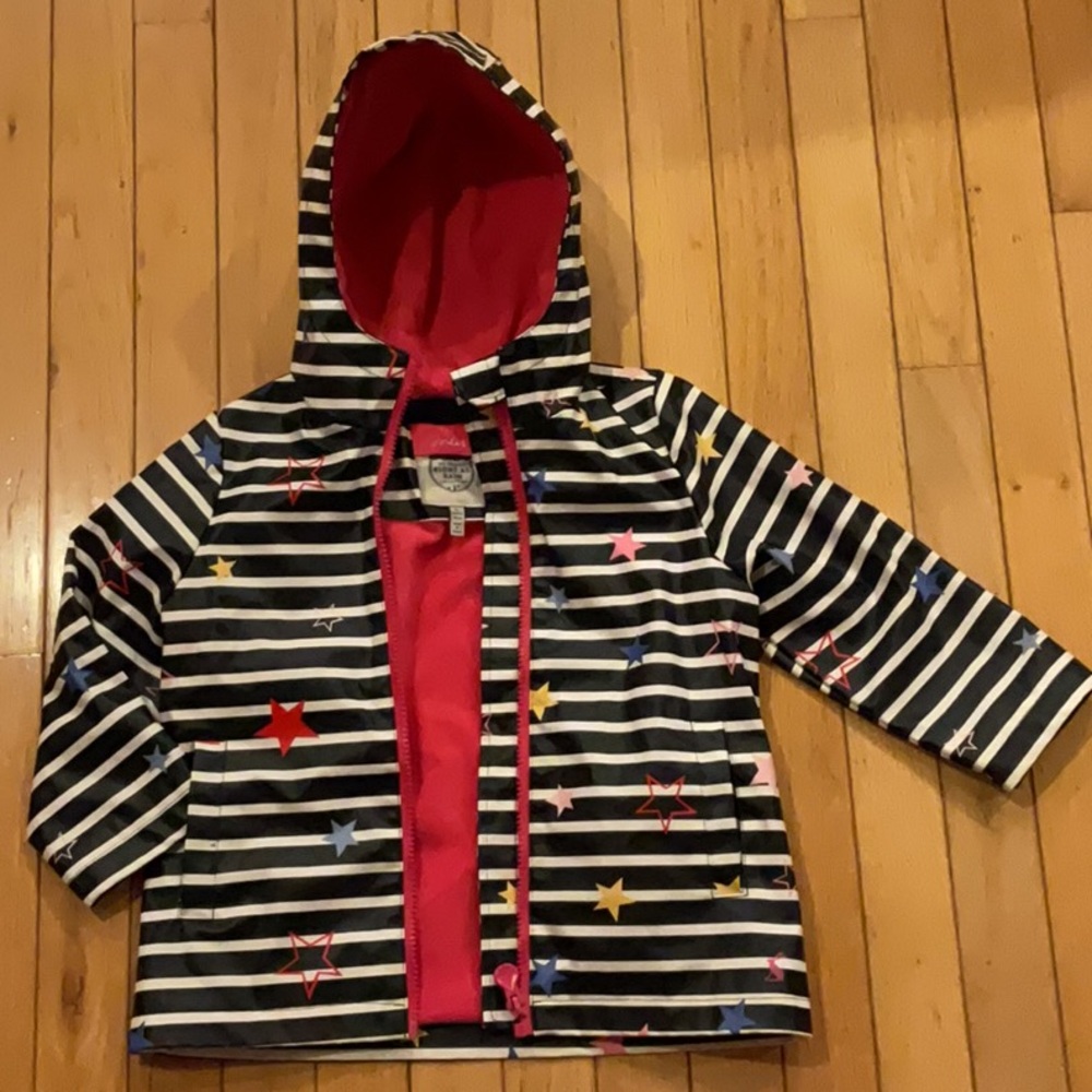 Joules kids raincoat size 3yrs fleece lined body blue &white stripe w/star print